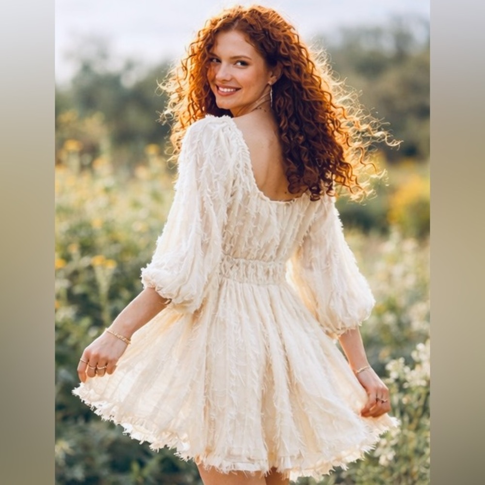 Peach Love California Cream Fringe-Textured Puff Sleeve Midi Dress